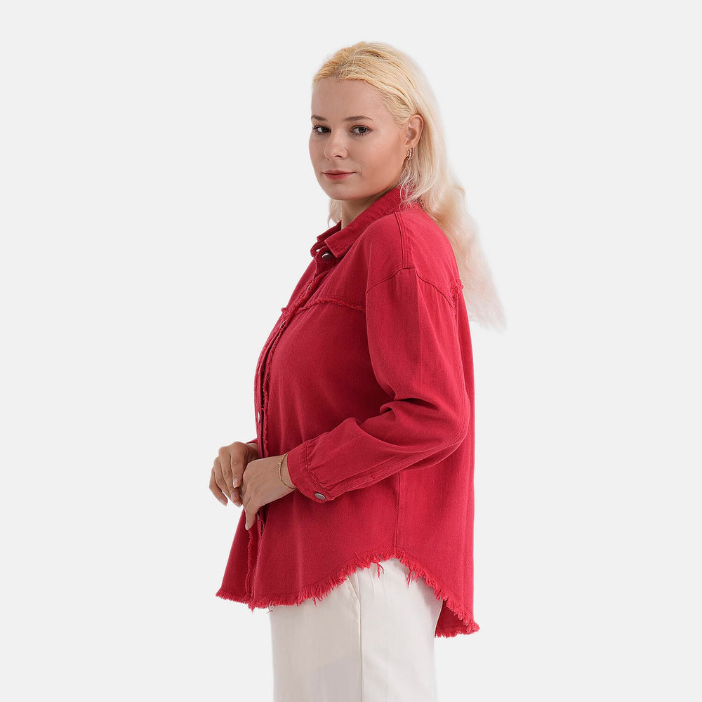 - Maisi 100% Cotton Classic Denim Shirt Jacket With Frayed Edge Detail (Size 16) - Red