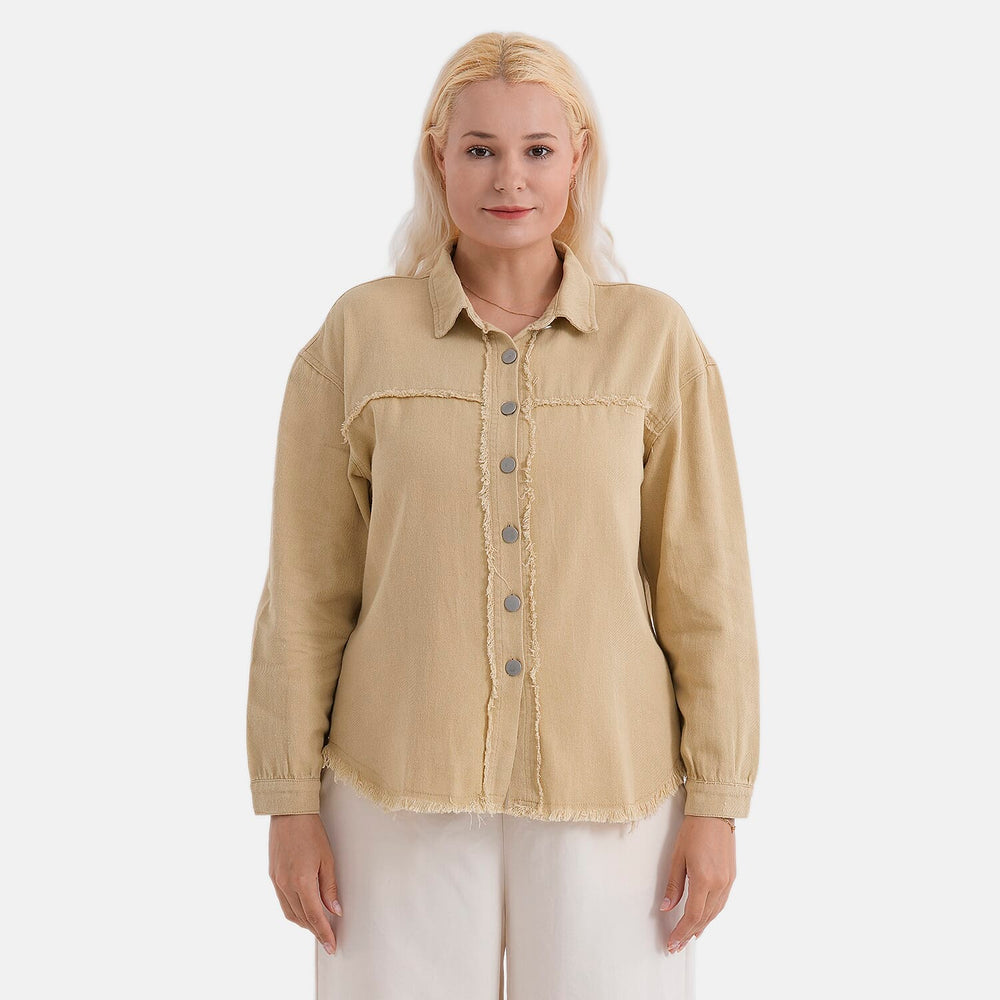 - Maisi 100% Cotton Classic Denim Shirt Jacket With Frayed Edge Detail (Size 18) - Khaki