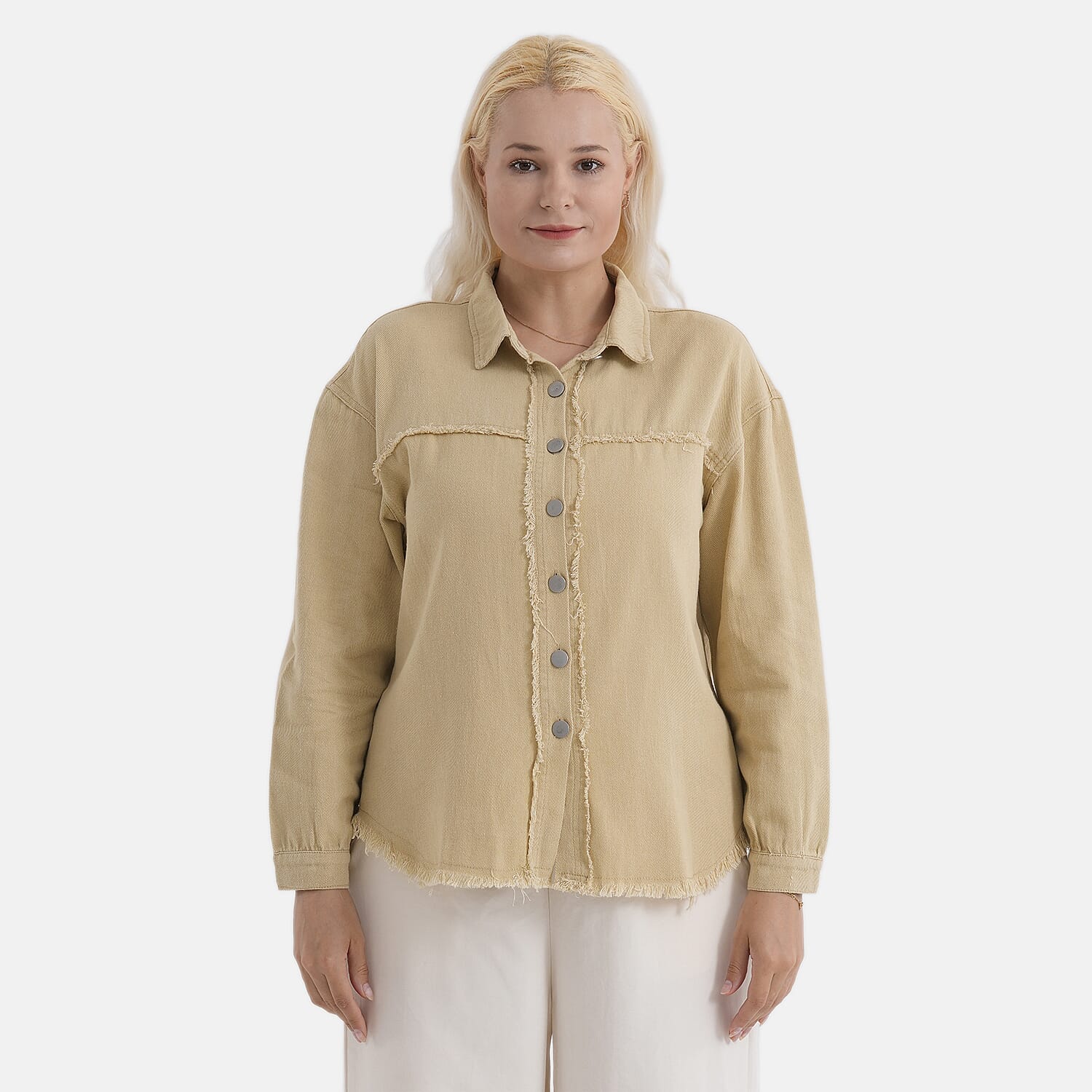 - Maisi 100% Cotton Classic Denim Shirt Jacket With Frayed Edge Detail (Size 18) - Khaki