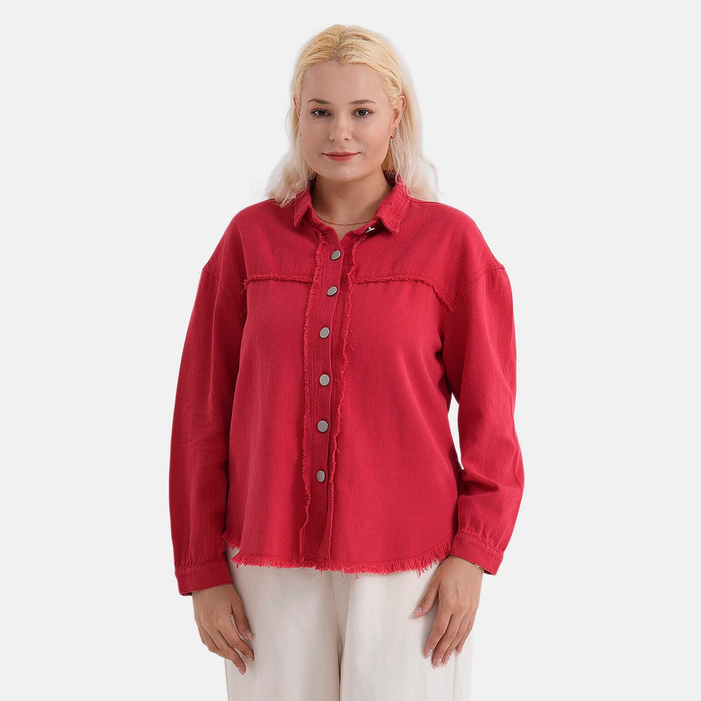 - Maisi 100% Cotton Classic Denim Shirt Jacket With Frayed Edge Detail (Size 18) - Red