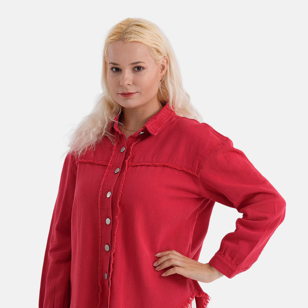 - Maisi 100% Cotton Classic Denim Shirt Jacket With Frayed Edge Detail (Size 18) - Red