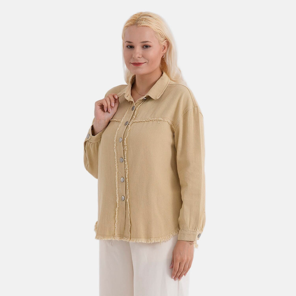 - Maisi 100% Cotton Classic Denim Shirt Jacket With Frayed Edge Detail (Size 20) - Khaki