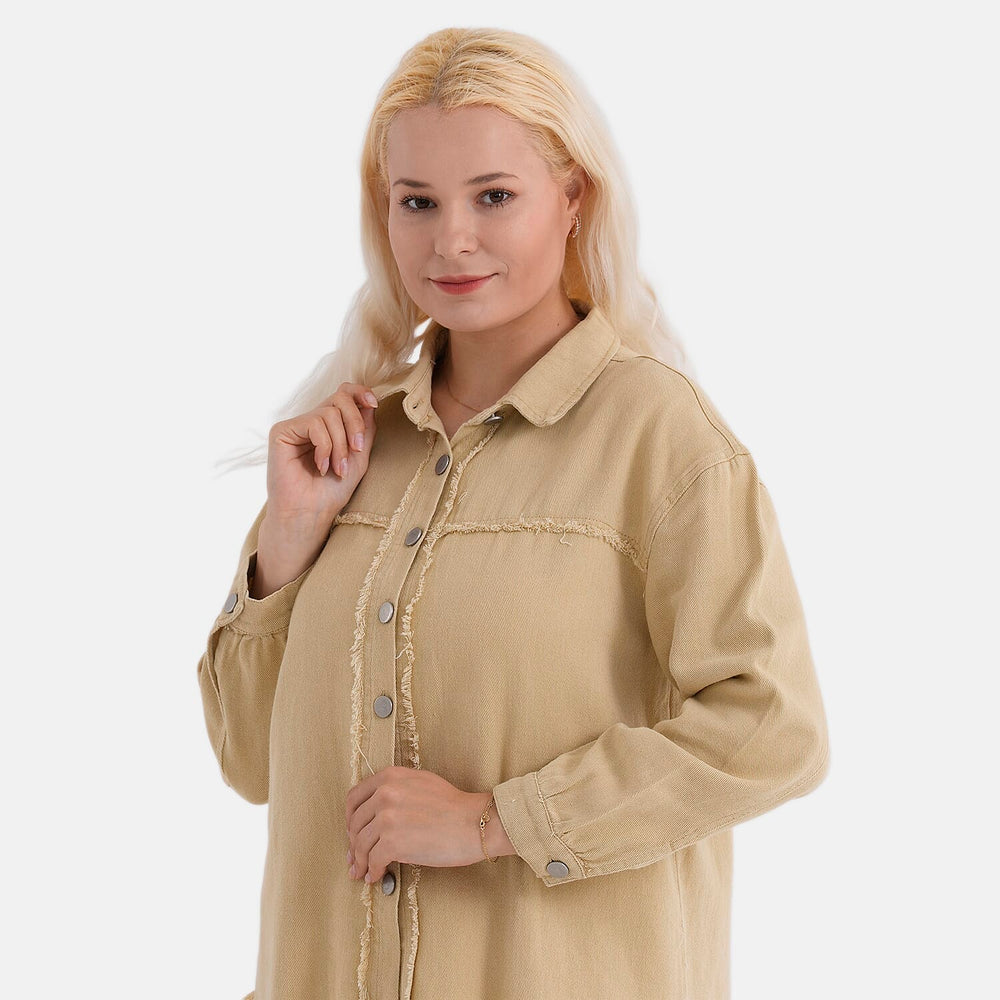 - Maisi 100% Cotton Classic Denim Shirt Jacket With Frayed Edge Detail (Size 20) - Khaki