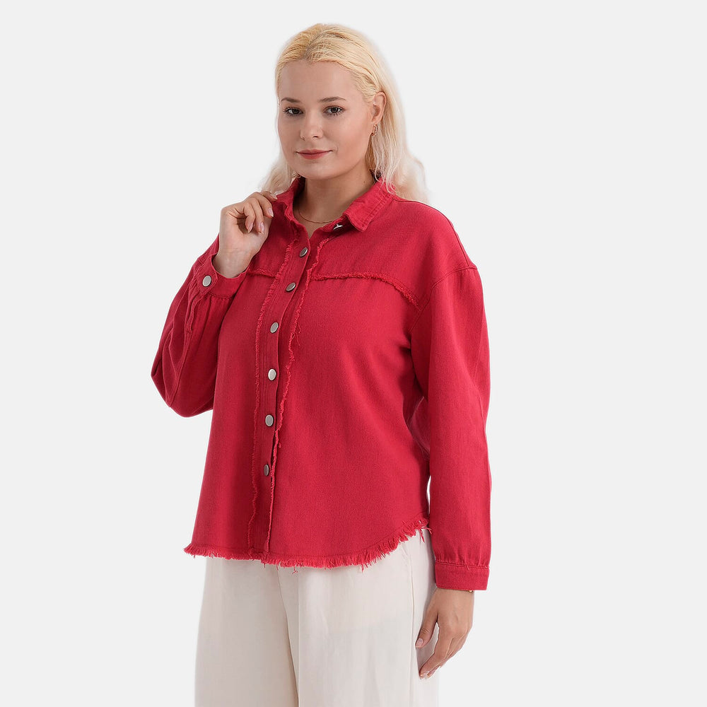 - Maisi 100% Cotton Classic Denim Shirt Jacket With Frayed Edge Detail (Size 20) - Red
