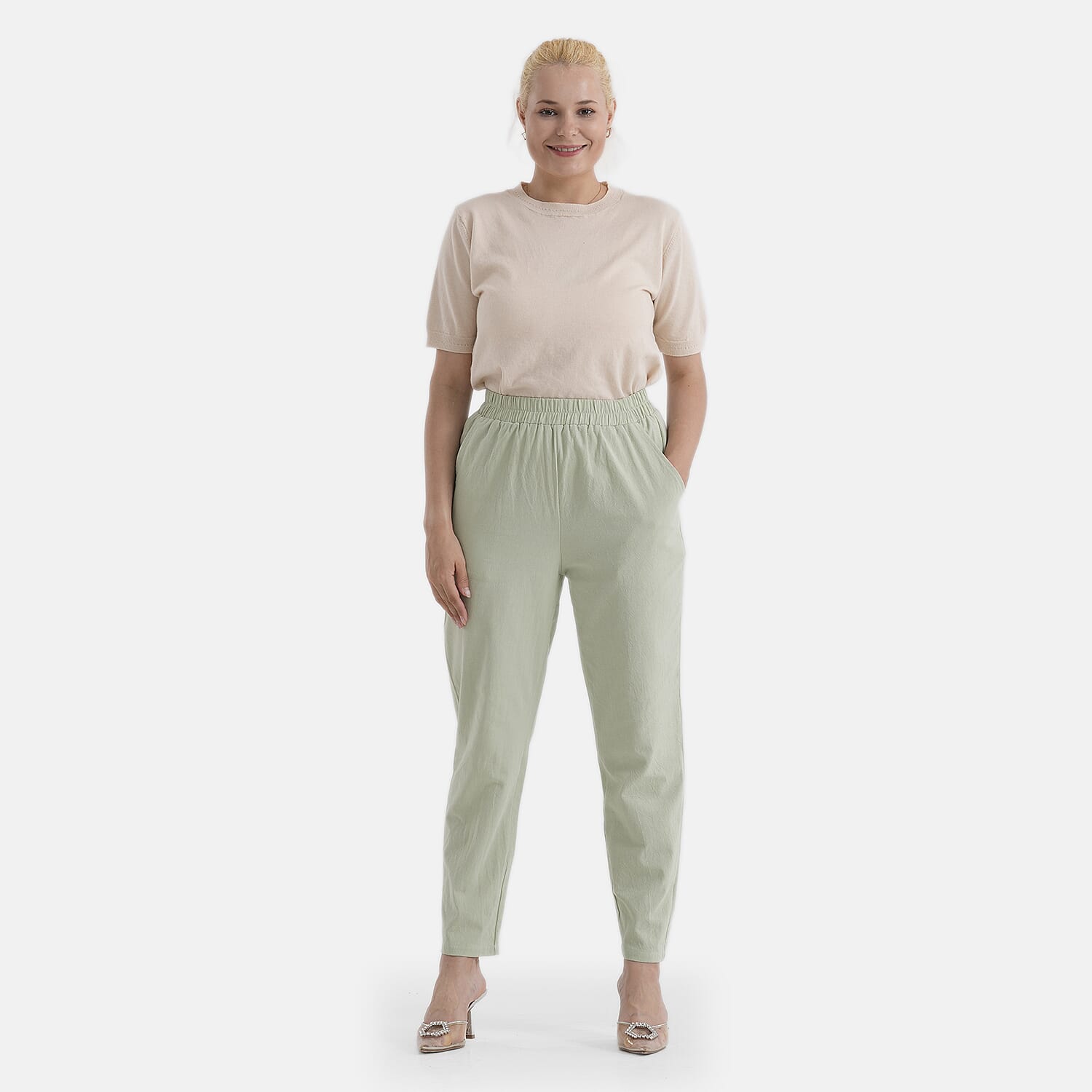 - Maisi 100% Cotton Elasticated Waist Capri Trousers (Size L) - Green