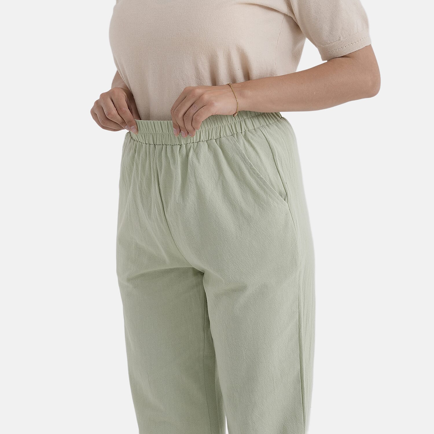 - Maisi 100% Cotton Elasticated Waist Capri Trousers (Size L) - Green