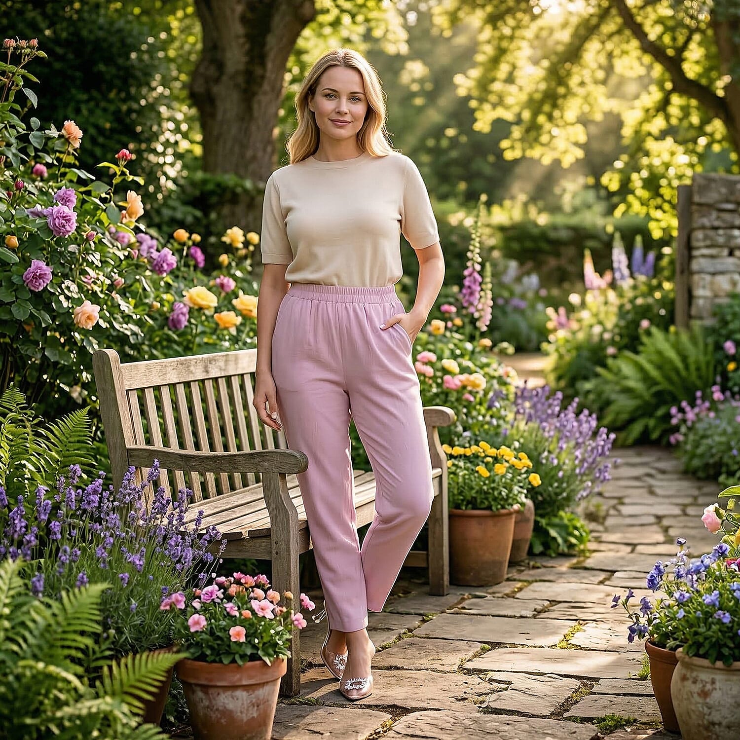 - Maisi 100% Cotton Elasticated Waist Capri Trousers (Size L) - Pink