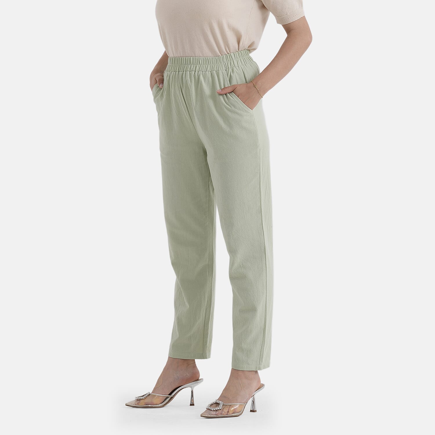 - Maisi 100% Cotton Elasticated Waist Capri Trousers (Size M) - Green