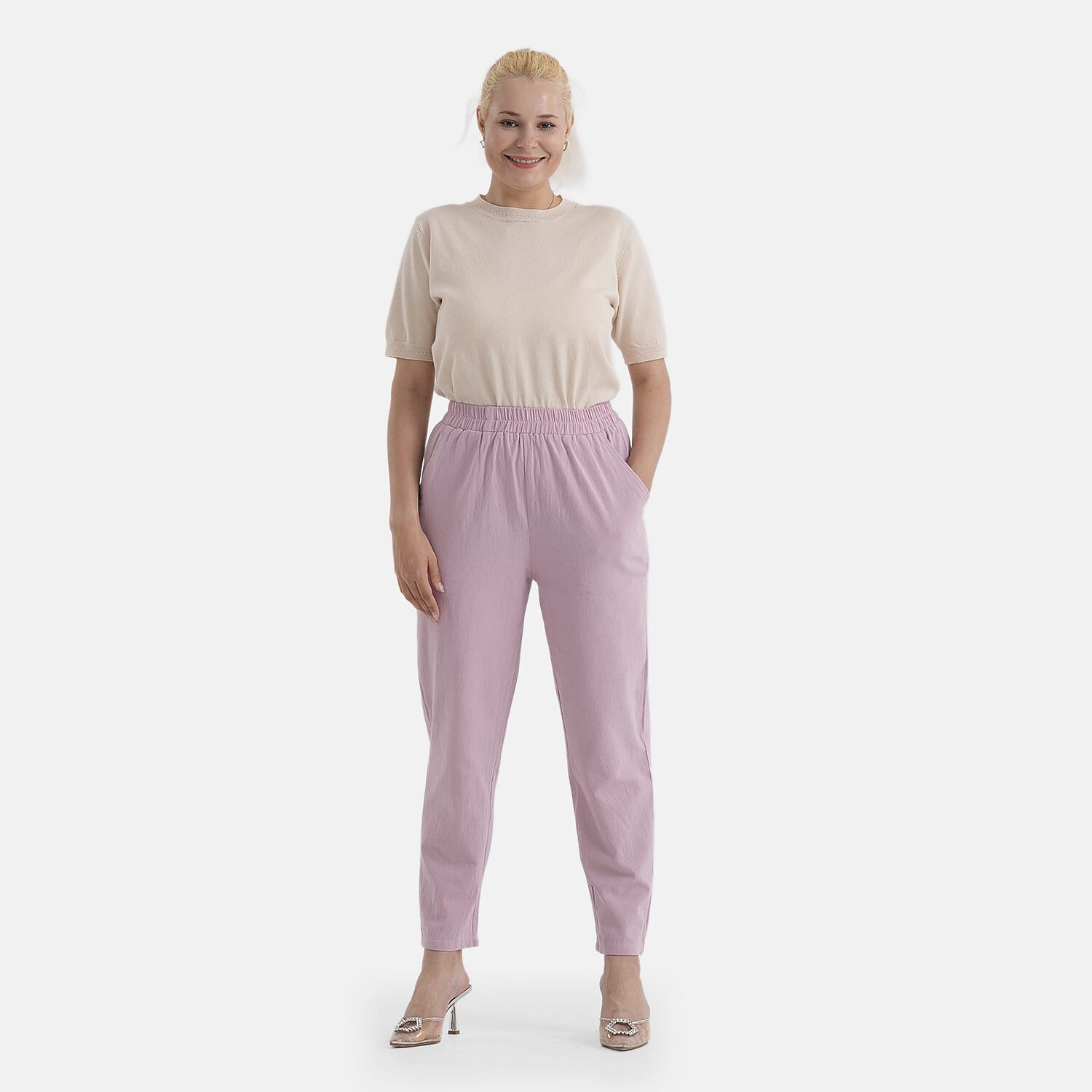 - Maisi 100% Cotton Elasticated Waist Capri Trousers (Size M) - Pink