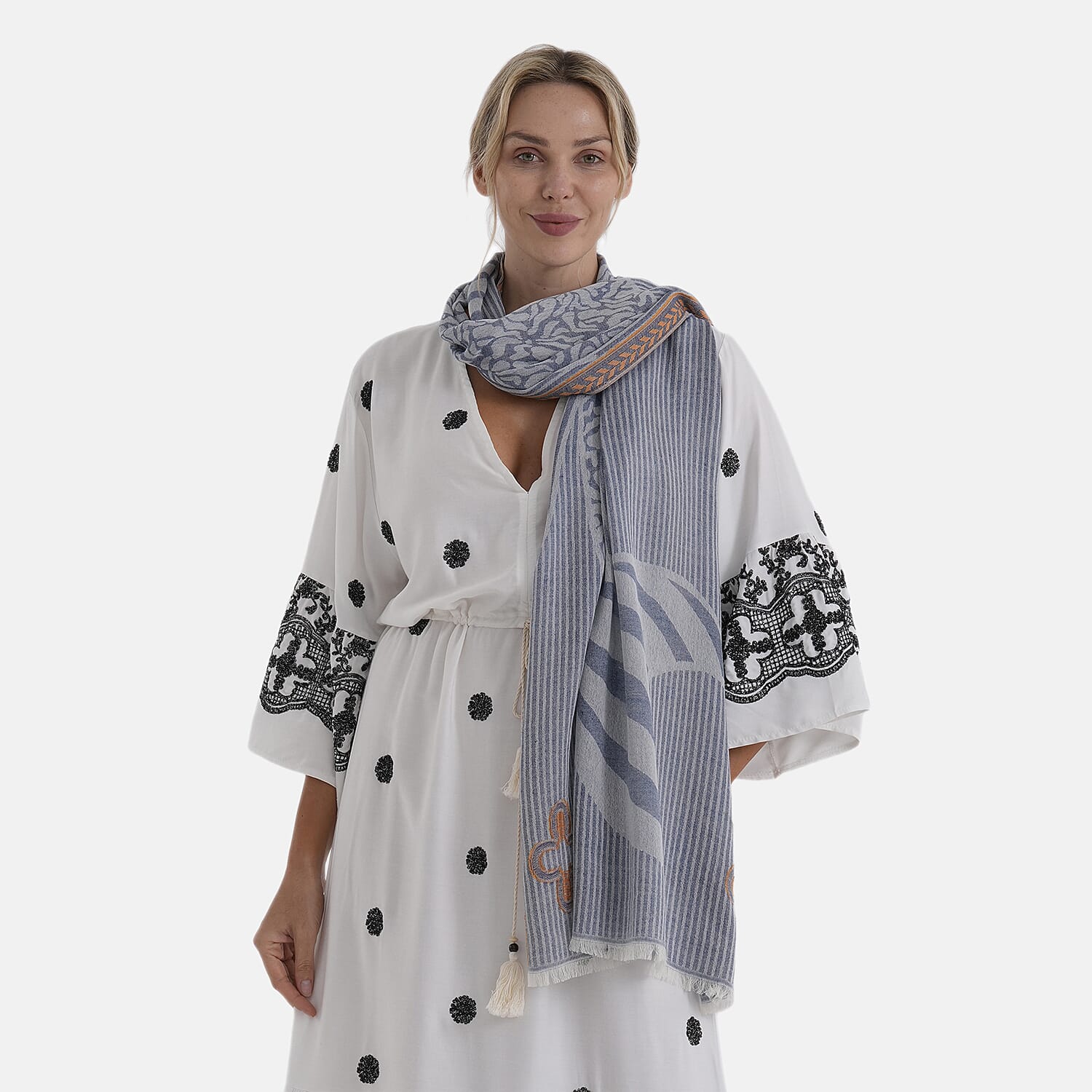 - Maisi Printed Cotton Lightweight Summer Scarf (190 x 70cm) - Grey