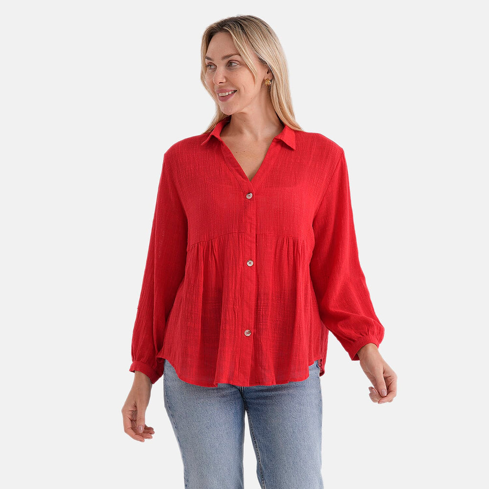 - Maisi Long Sleeve Relax Fit Shirt (Size M, Fit 12 To 14) - Red