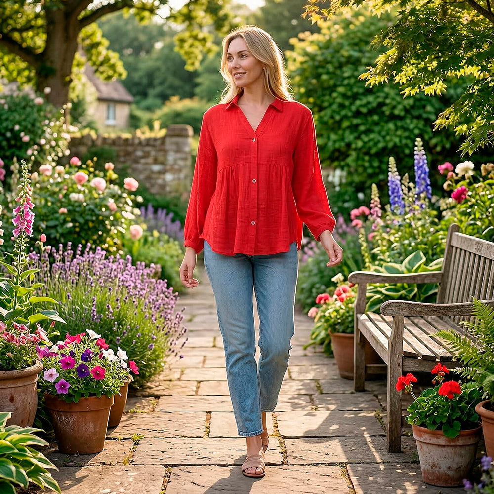 - Maisi Long Sleeve Relax Fit Shirt (Size M, Fit 12 To 14) - Red