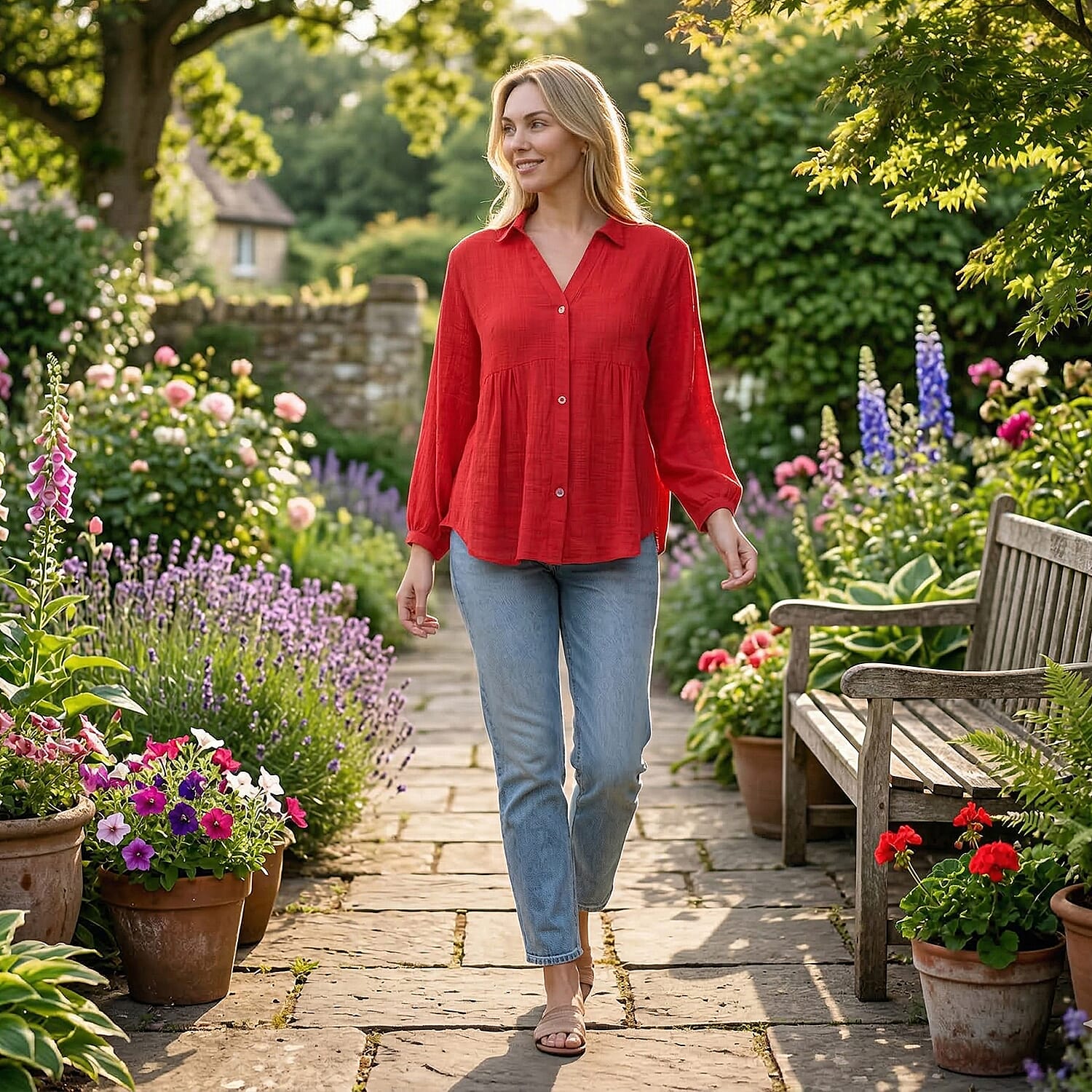 - Maisi Long Sleeve Relax Fit Shirt (Size M, Fit 12 To 14) - Red