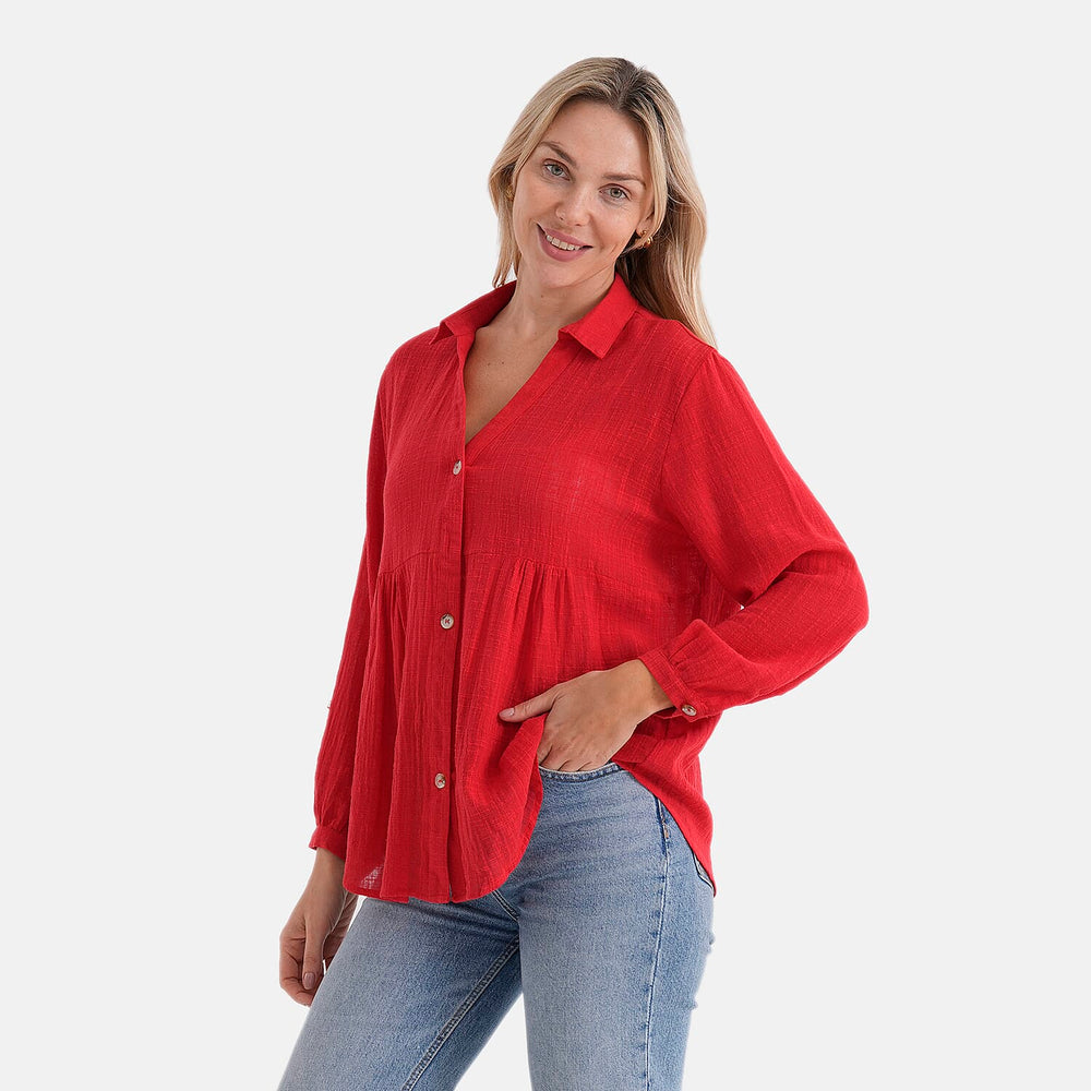 - Maisi Long Sleeve Relax Fit Shirt (Size S, Fit 8 To 10) - Red