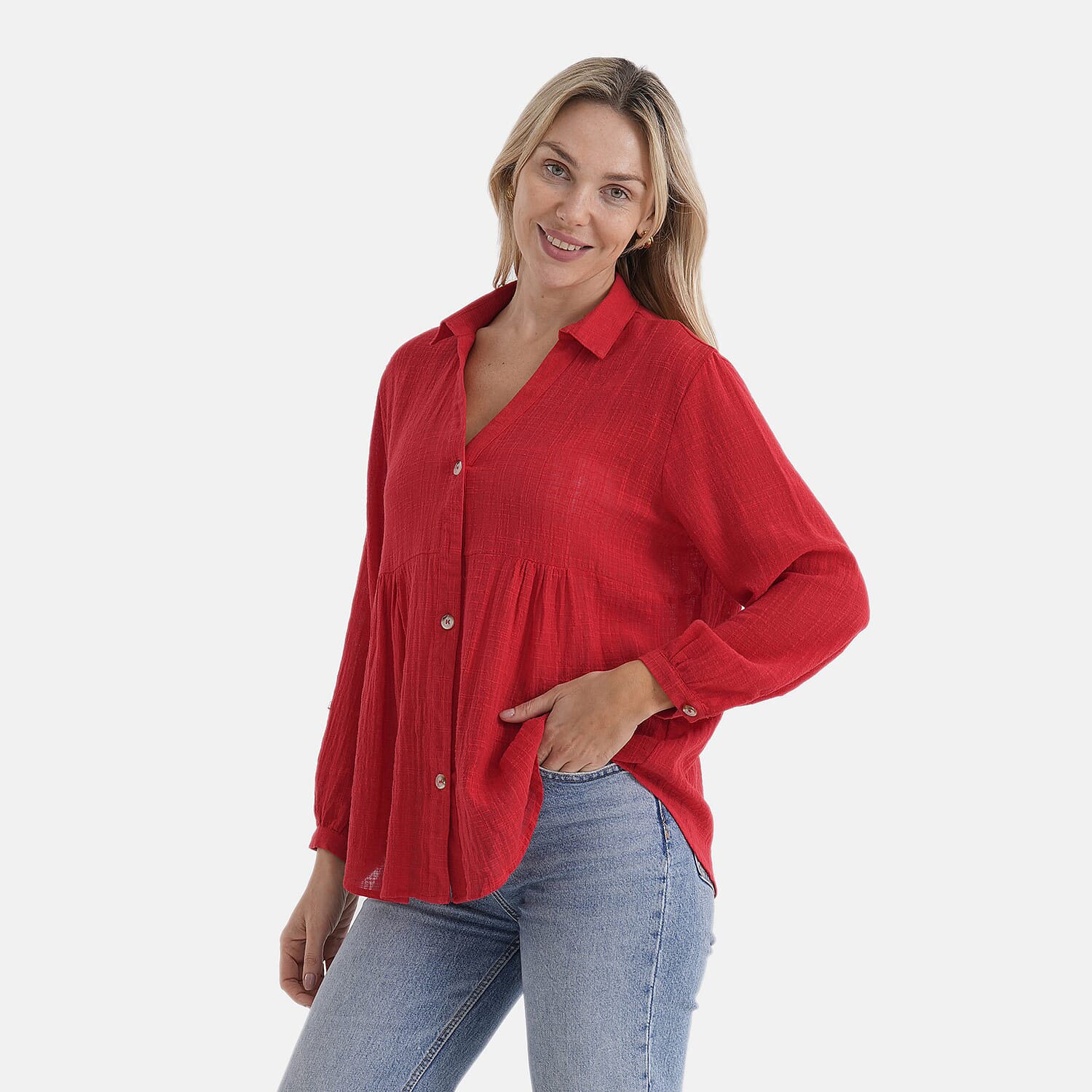 - Maisi Long Sleeve Relax Fit Shirt (Size S, Fit 8 To 10) - Red