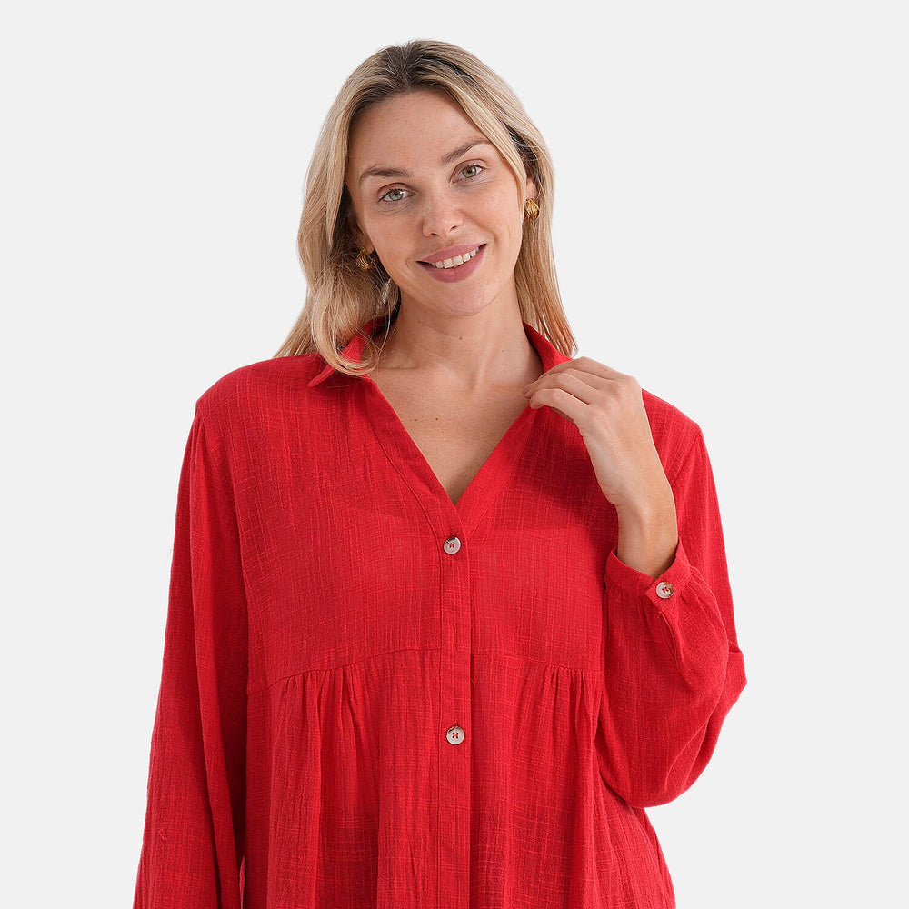 - Maisi Long Sleeve Relax Fit Shirt (Size S, Fit 8 To 10) - Red