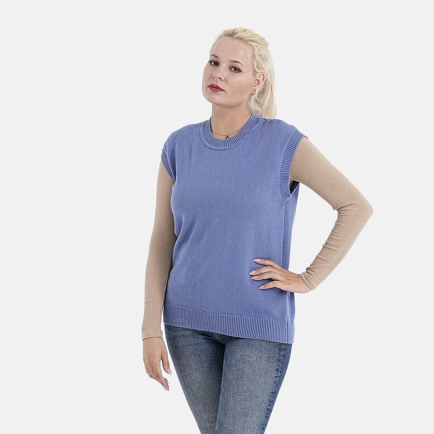 - Maisi 100% Cotton Round Neck Knitted Vest (Size M) - Blue