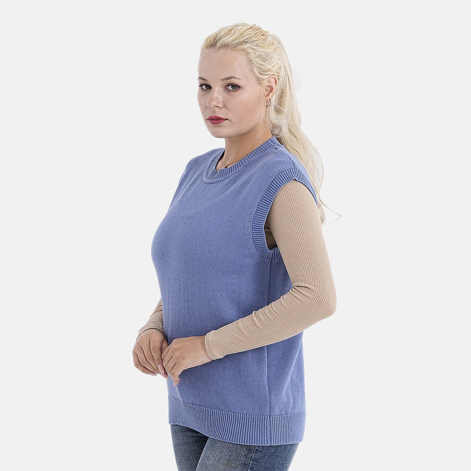 - Maisi 100% Cotton Round Neck Knitted Vest (Size M) - Blue