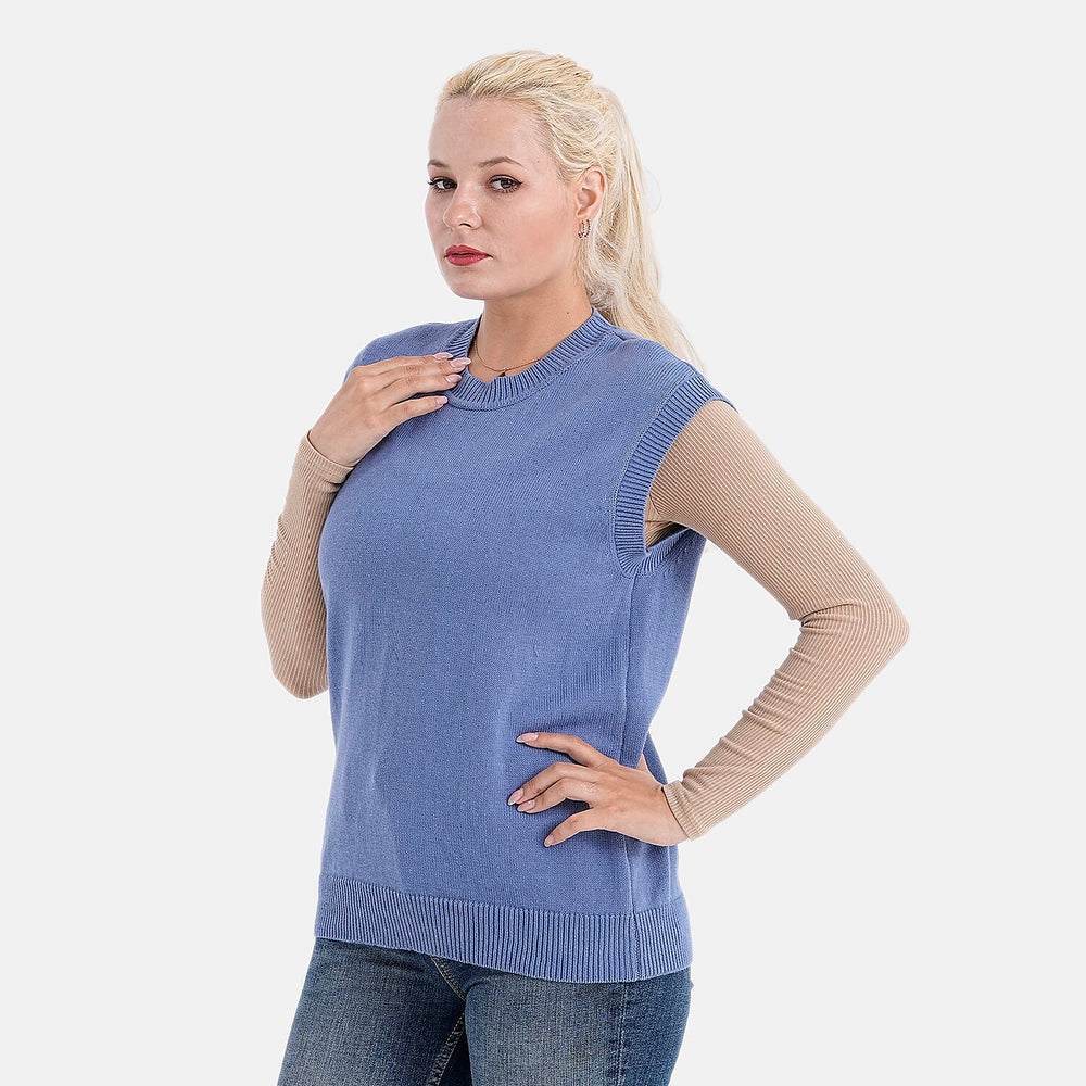 - Maisi 100% Cotton Round Neck Knitted Vest (Size XXL) - Blue
