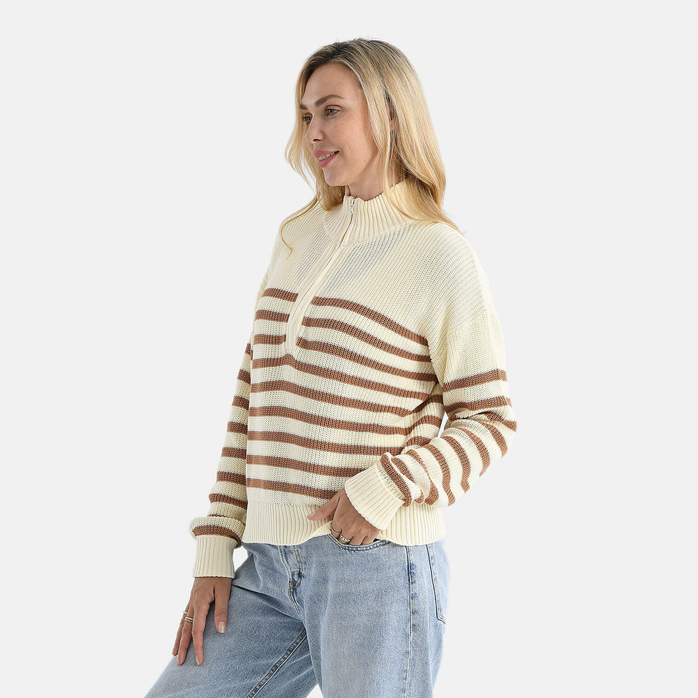 & maisi Women’s 100% Cotton Striped Half-Zip Jumper with Long Sleeves