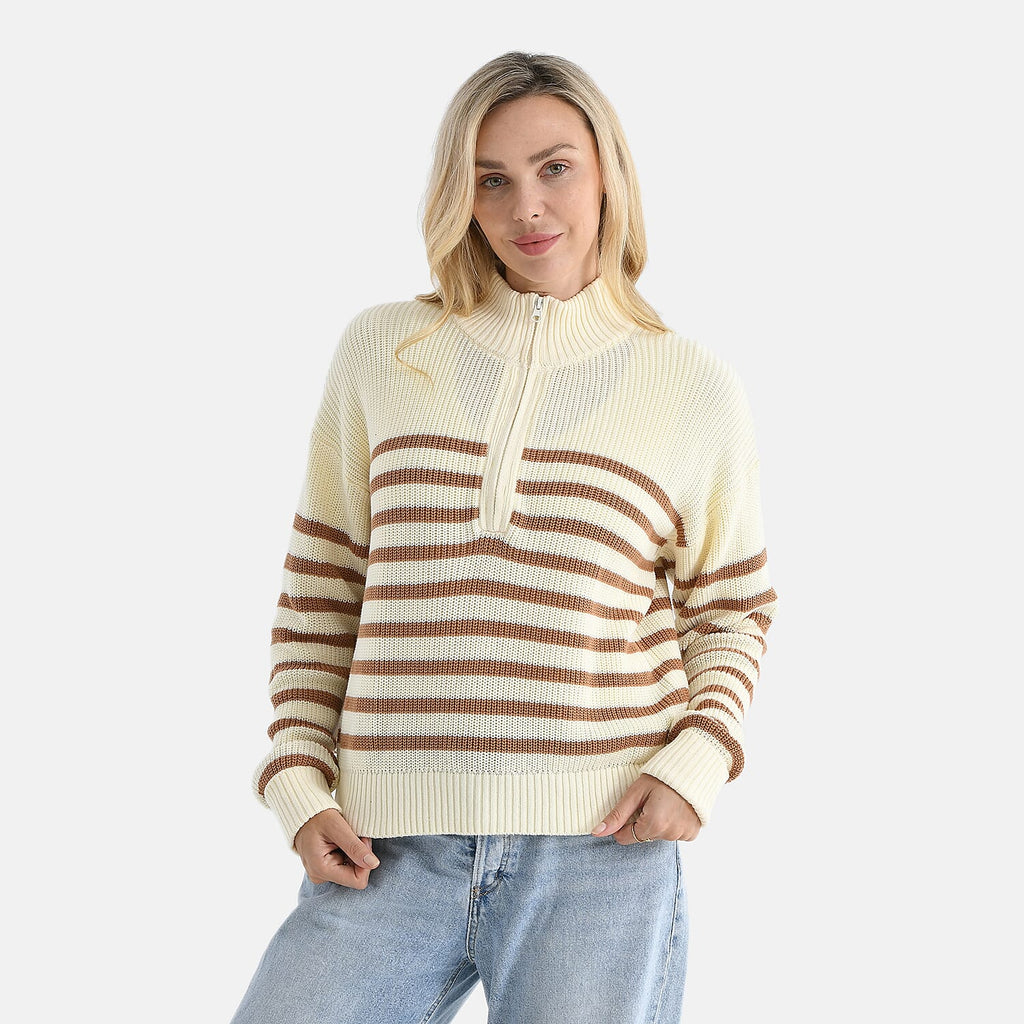 & maisi Women’s 100% Cotton Striped Half-Zip Jumper with Long Sleeves