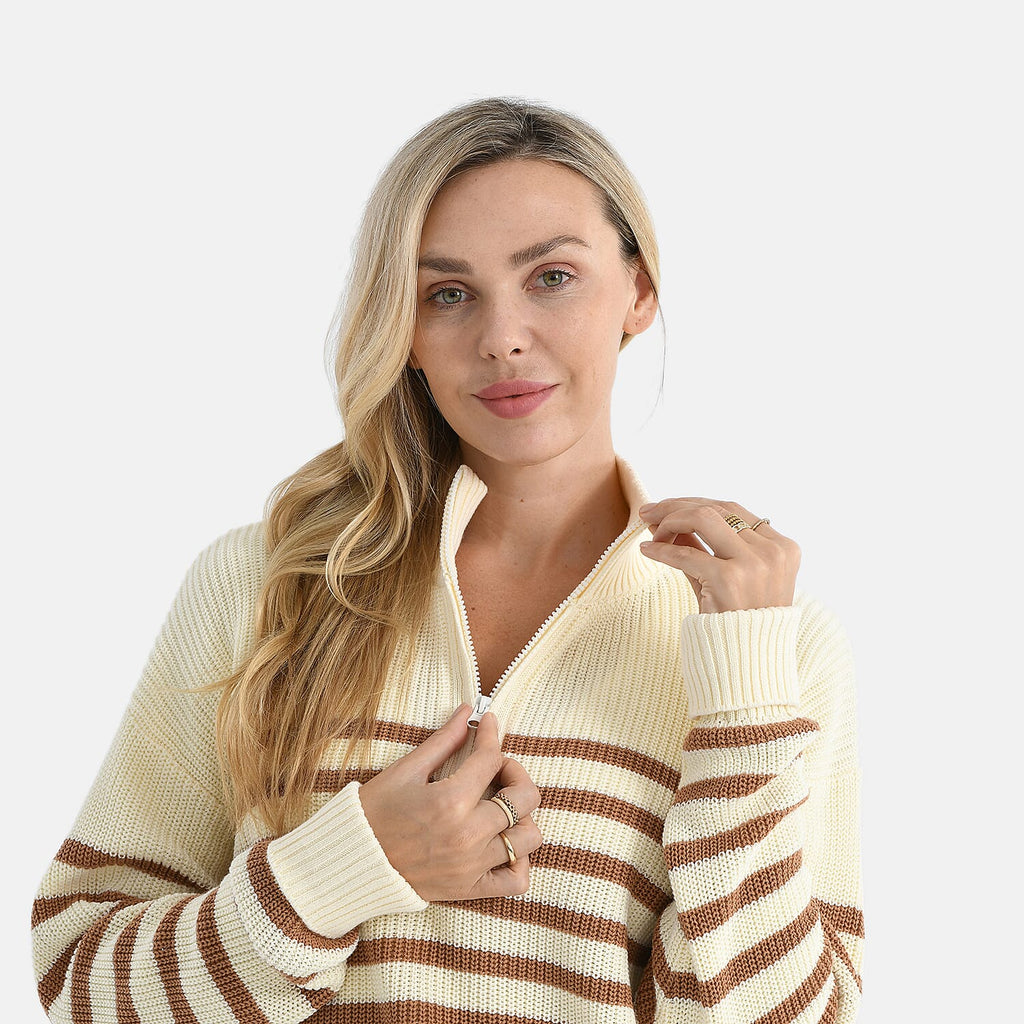 & maisi Women’s 100% Cotton Striped Half-Zip Jumper with Long Sleeves