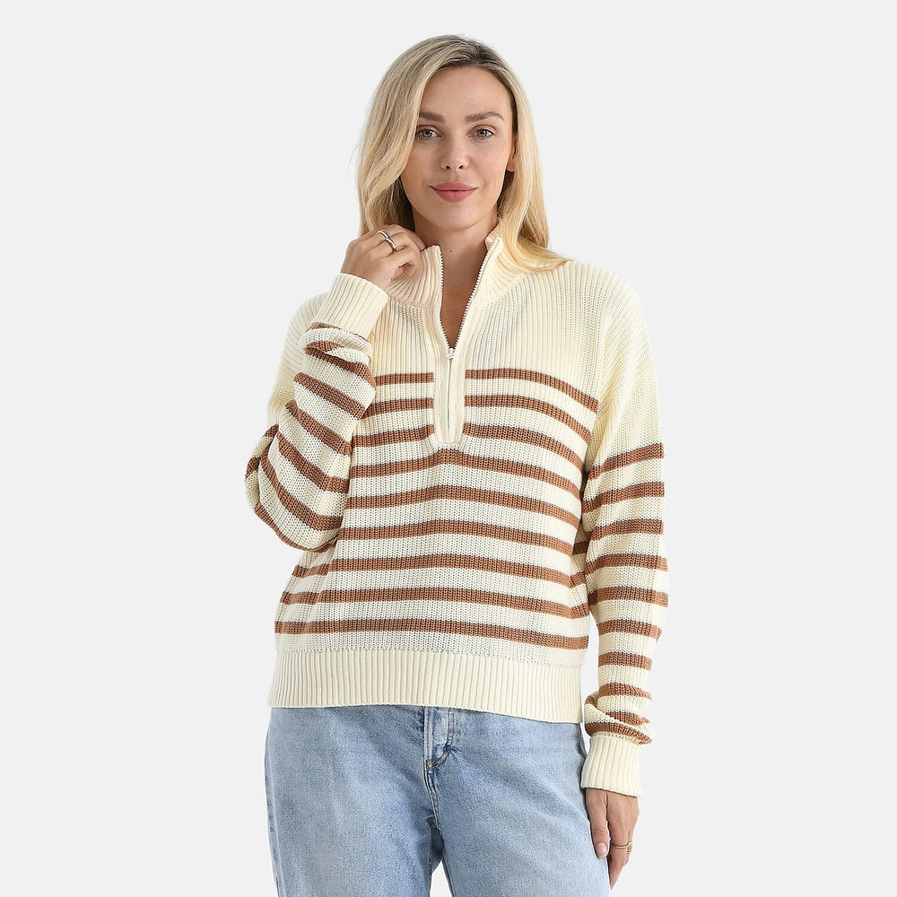 & maisi Women’s 100% Cotton Striped Half-Zip Jumper with Long Sleeves