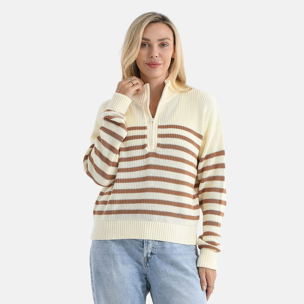 & maisi Women’s 100% Cotton Striped Half-Zip Jumper with Long Sleeves