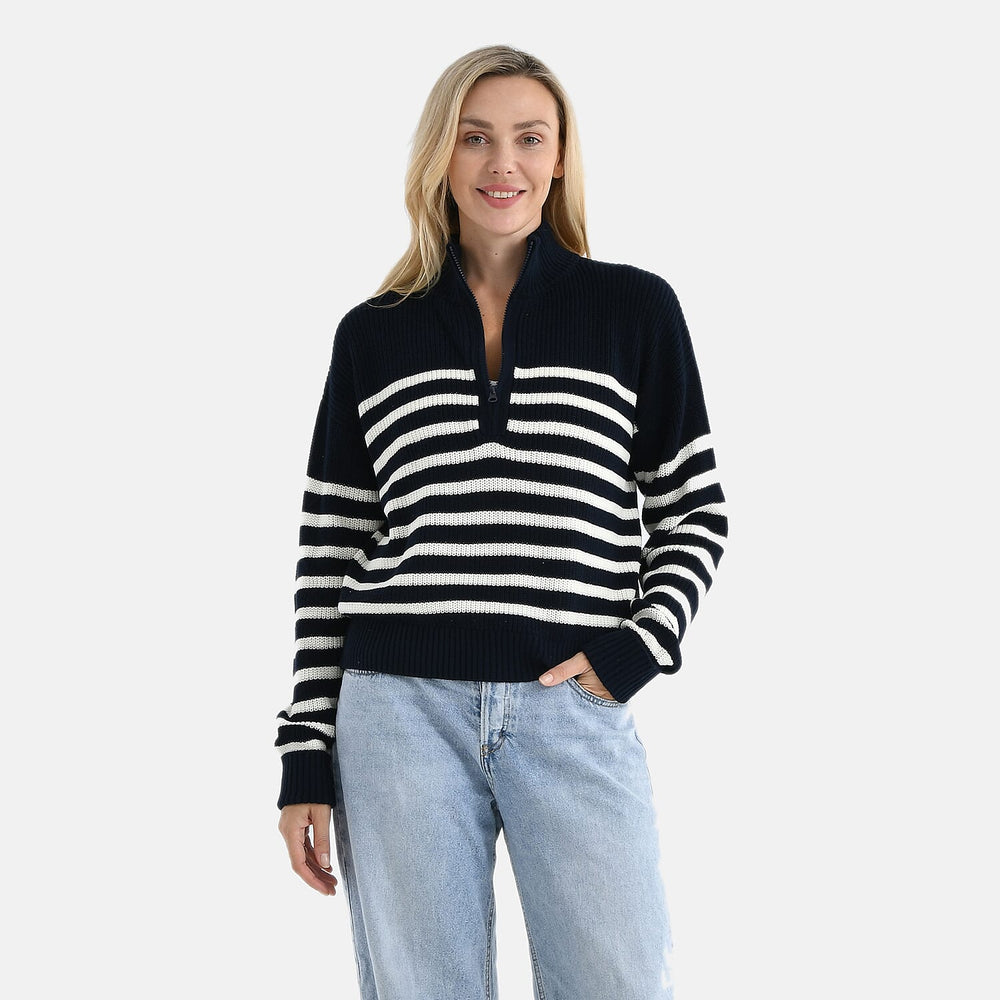 - Maisi 100% Cotton Striped Half-Zip Jumper (Size - S-M) - Navy