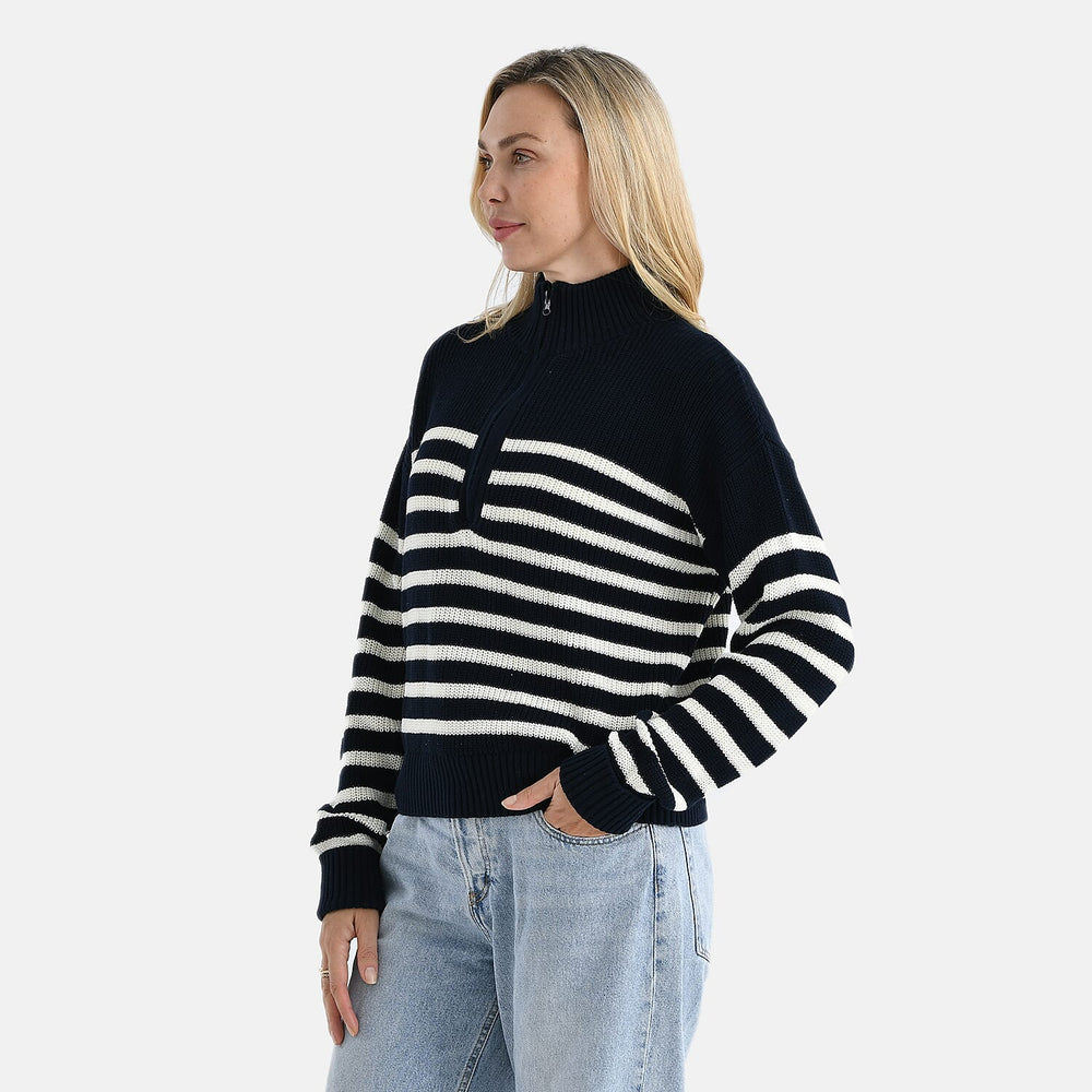 - Maisi 100% Cotton Striped Half-Zip Jumper (Size - S-M) - Navy