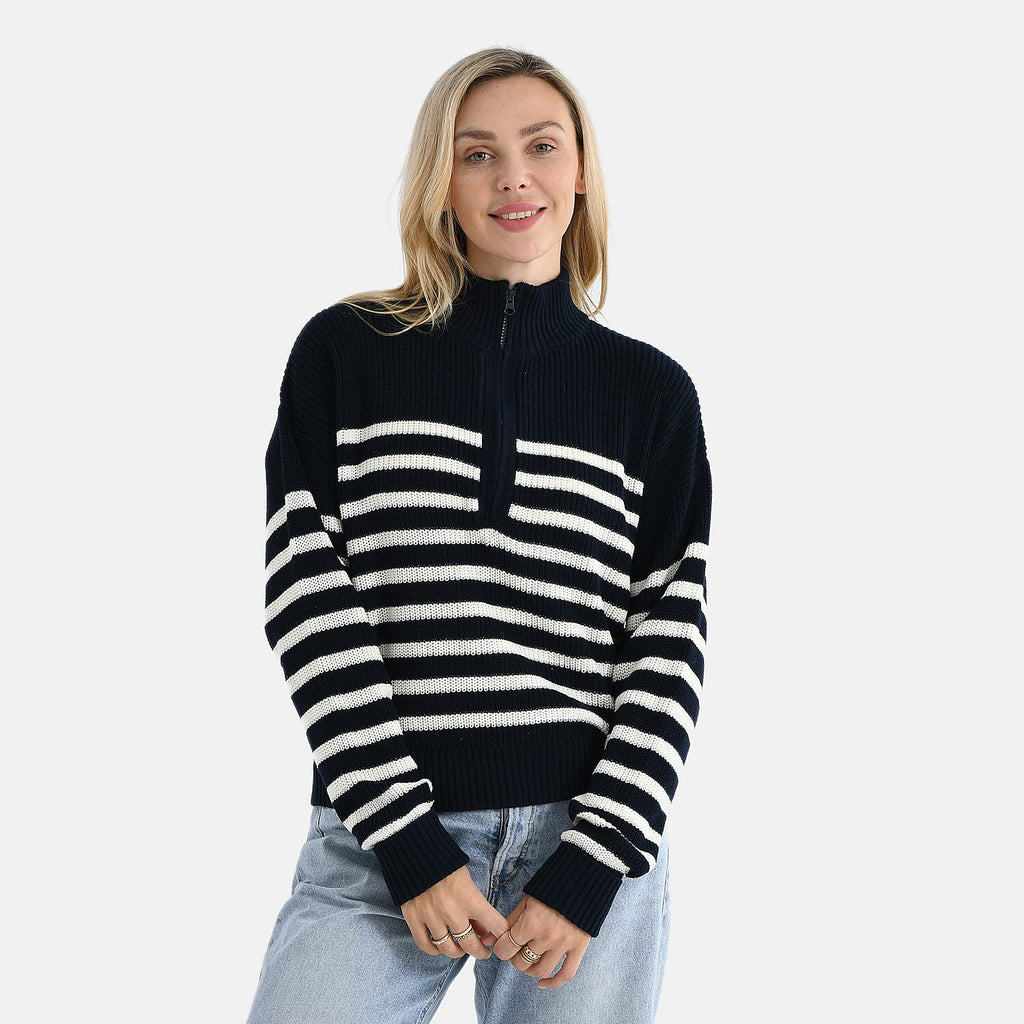- Maisi 100% Cotton Striped Half-Zip Jumper (Size - S-M) - Navy