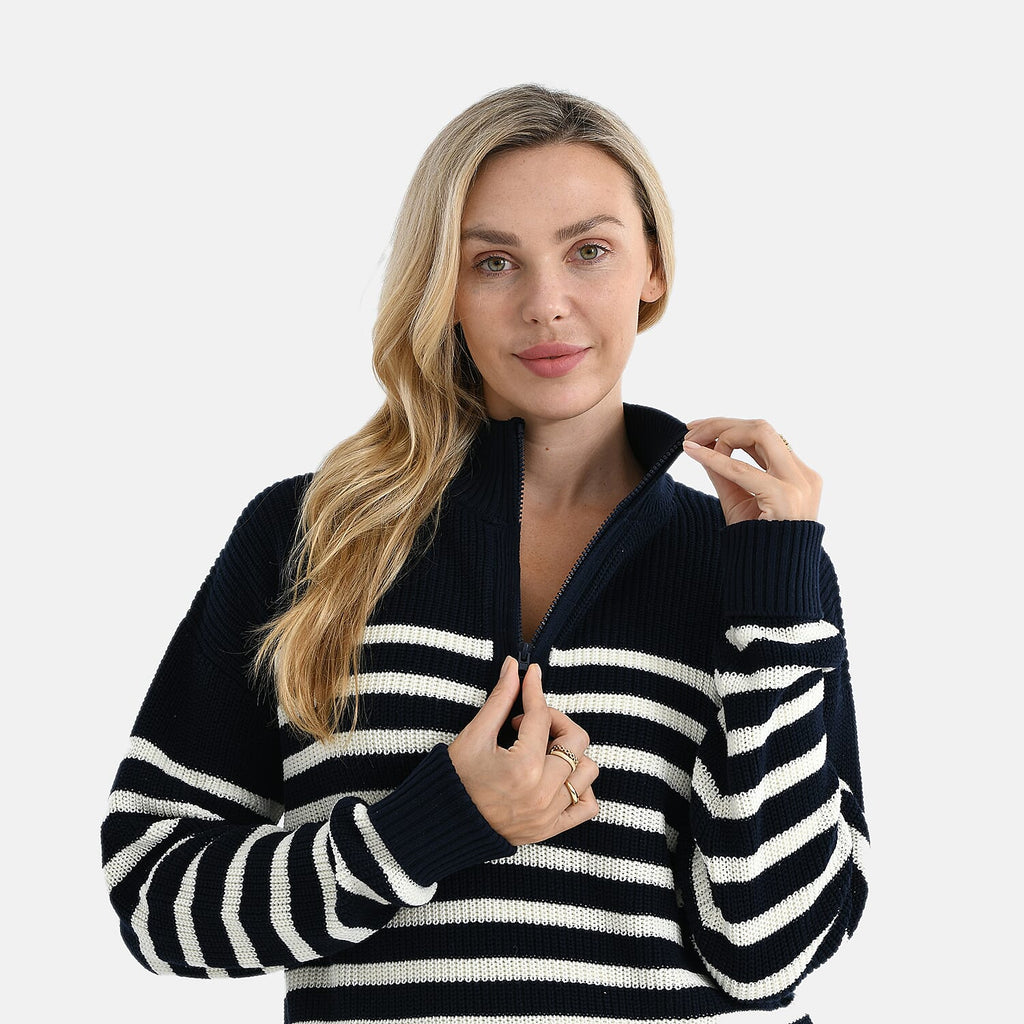 - Maisi 100% Cotton Striped Half-Zip Jumper (Size - S-M) - Navy