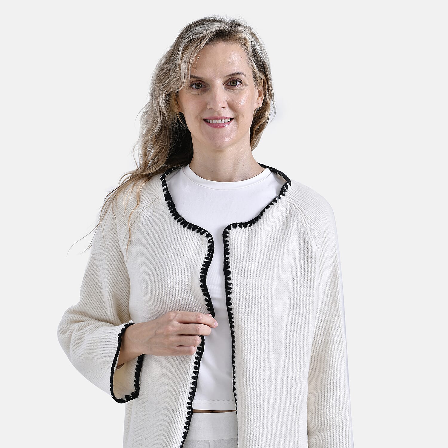 - Maisi Contrast Trim Cardigan (One Size) - Black - White