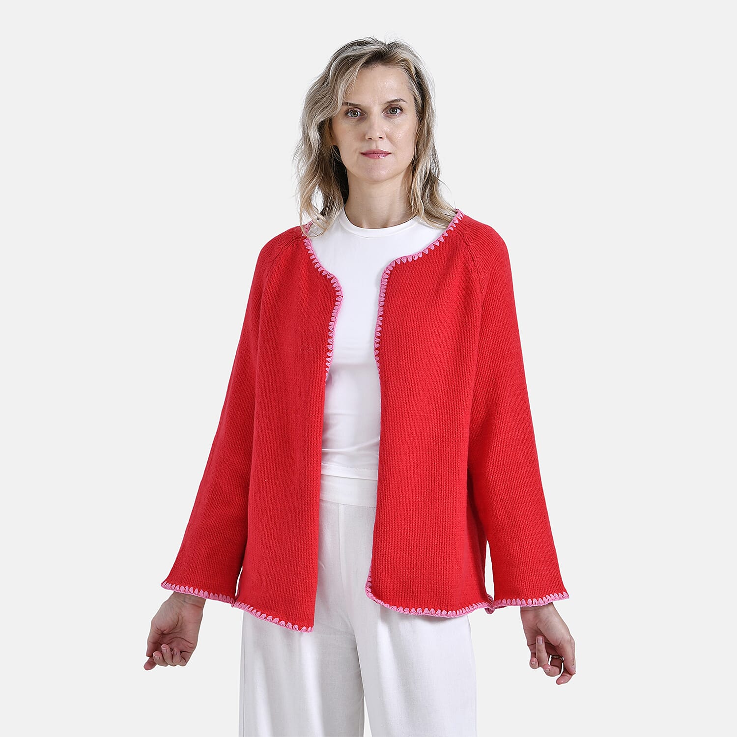 - Maisi Contrast Trim Cardigan (One Size) - Red - Pink