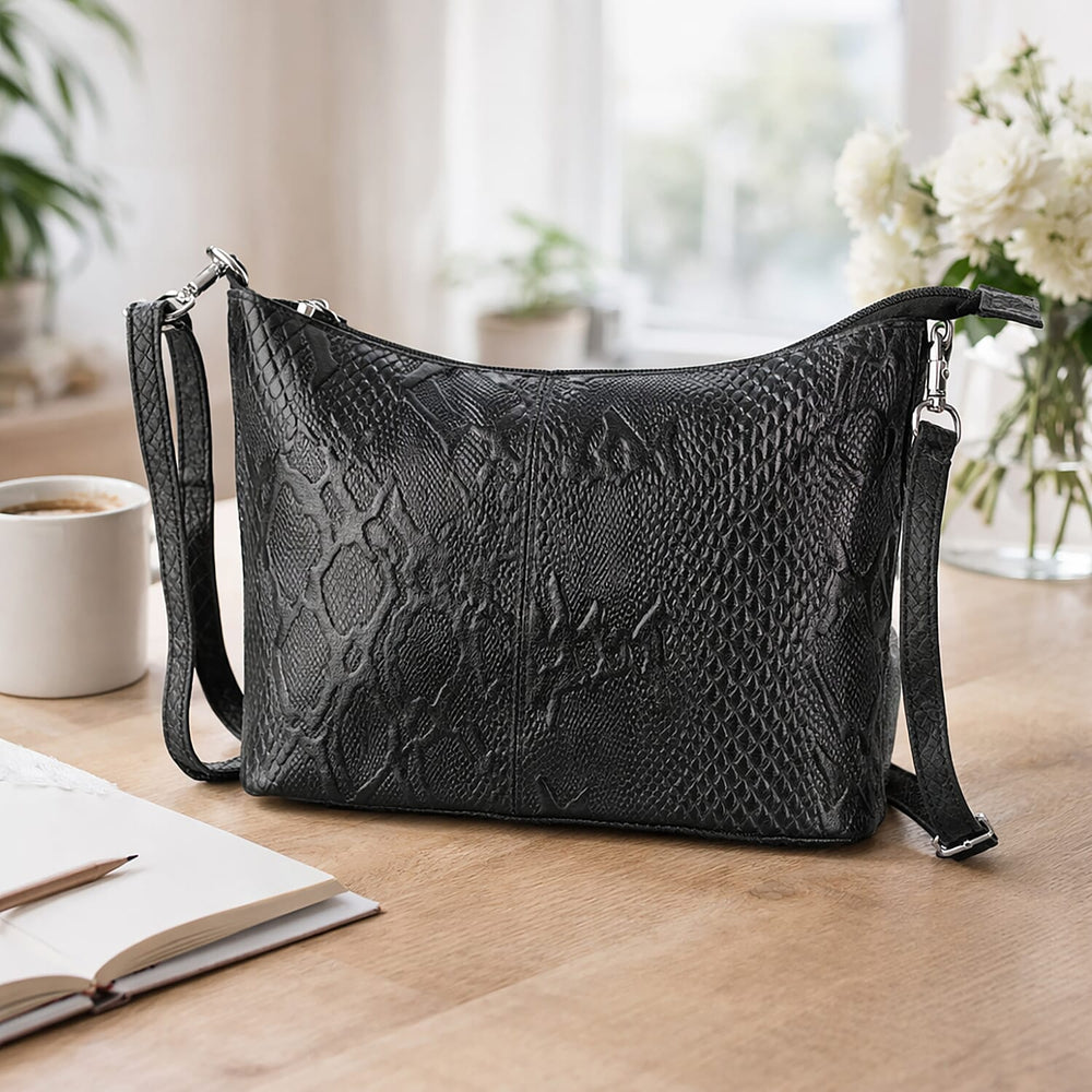 - Maisi 100% Genuine Leather Snakeskin Embossed Crossbody Bag - Black