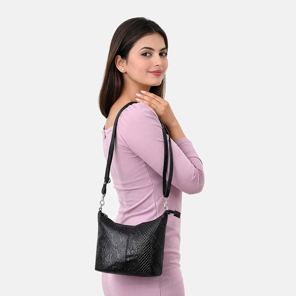 - Maisi 100% Genuine Leather Snakeskin Embossed Crossbody Bag - Black