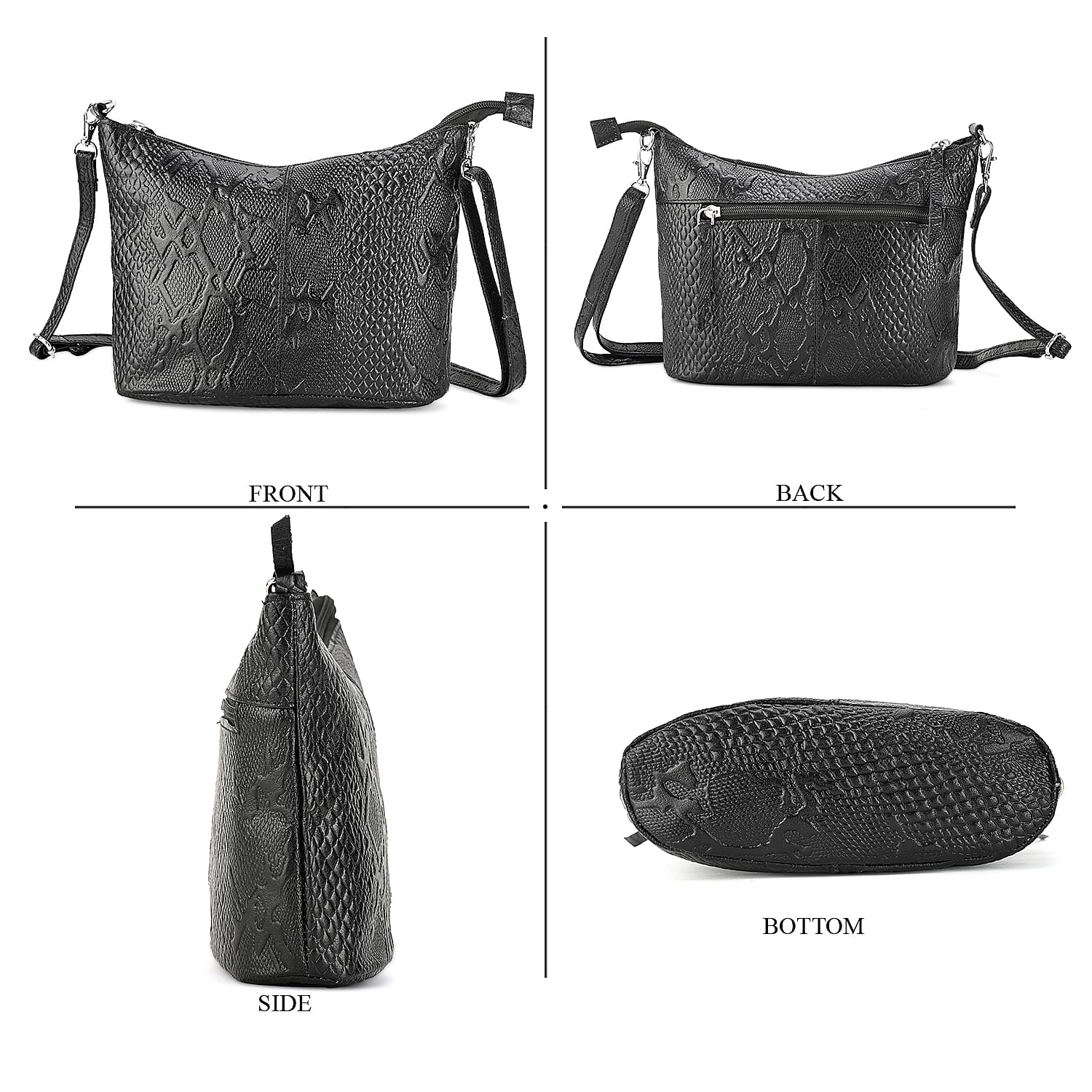 - Maisi 100% Genuine Leather Snakeskin Embossed Crossbody Bag - Black