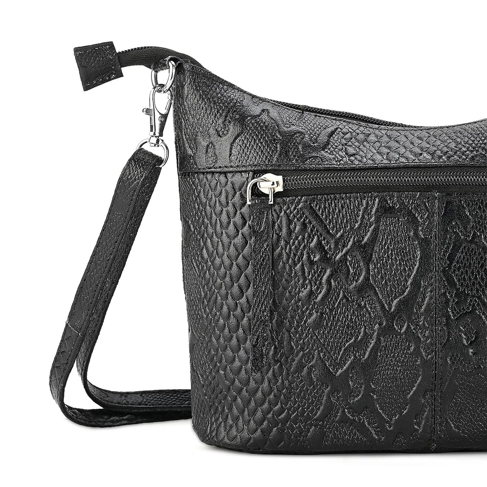 - Maisi 100% Genuine Leather Snakeskin Embossed Crossbody Bag - Black