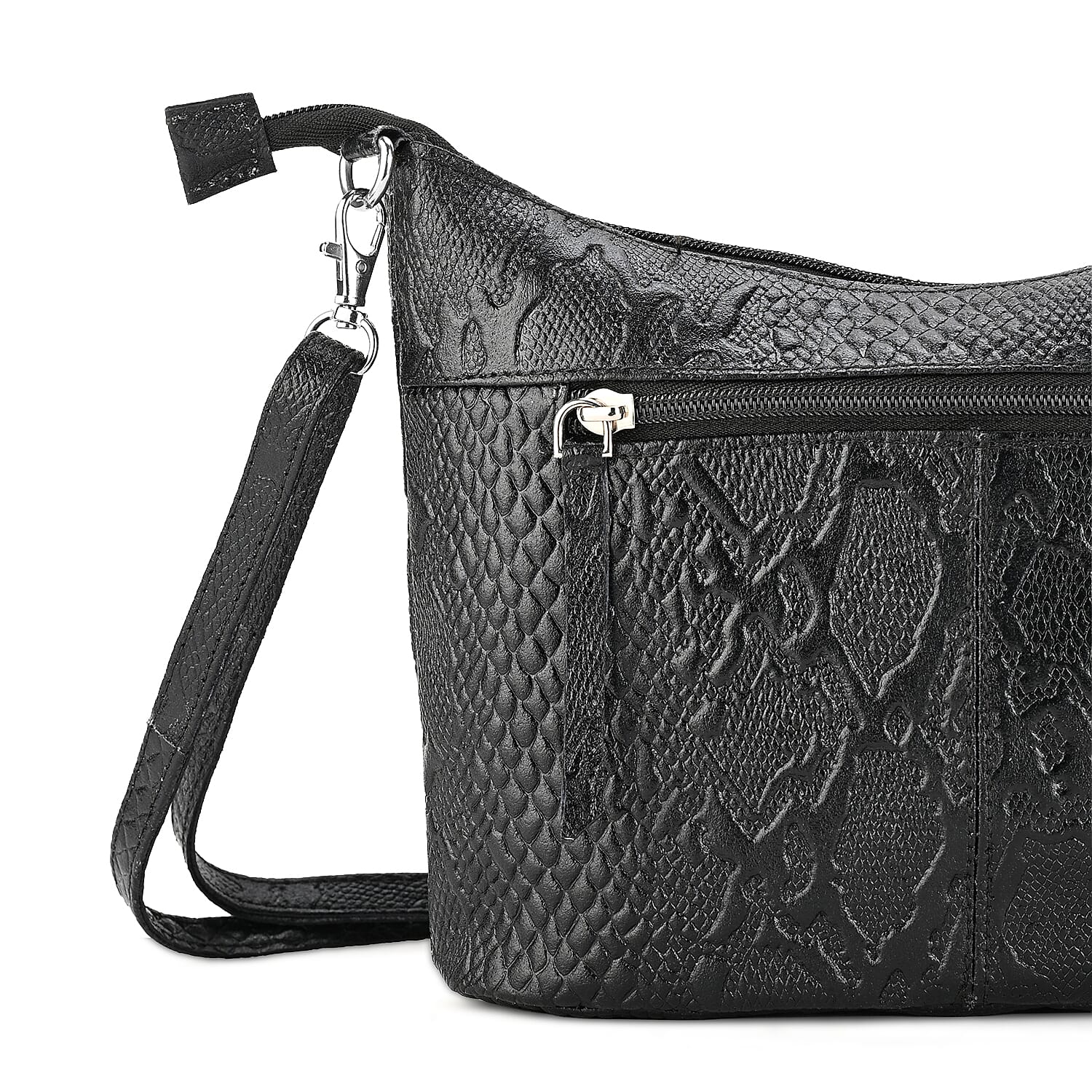 - Maisi 100% Genuine Leather Snakeskin Embossed Crossbody Bag - Black