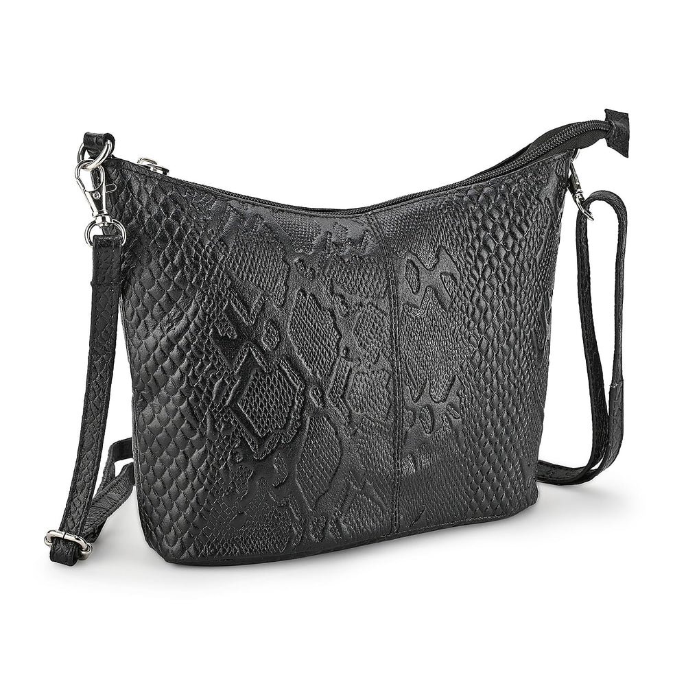 - Maisi 100% Genuine Leather Snakeskin Embossed Crossbody Bag - Black
