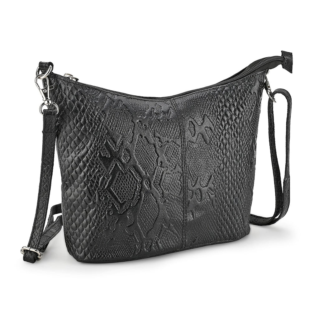 - Maisi 100% Genuine Leather Snakeskin Embossed Crossbody Bag - Black
