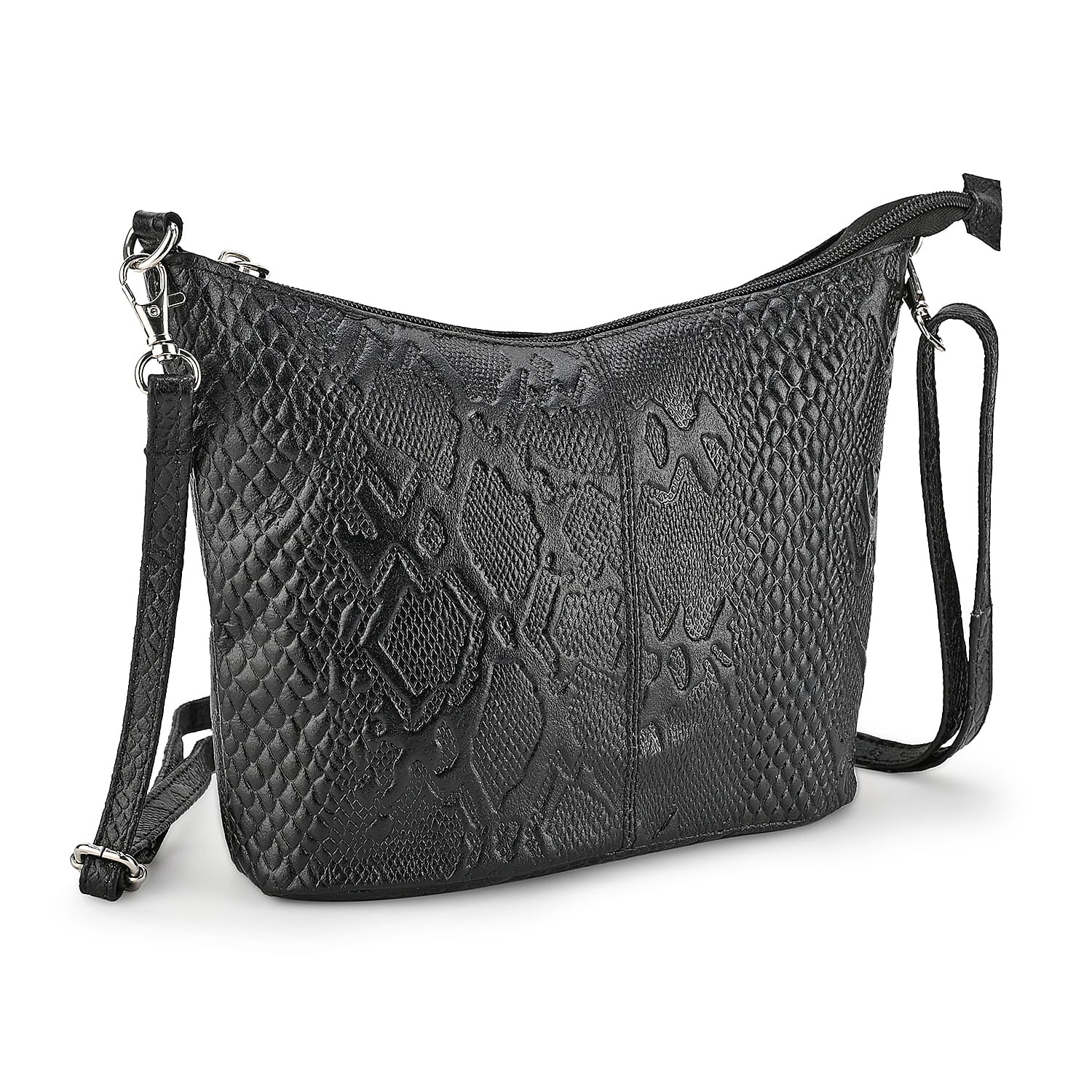 - Maisi 100% Genuine Leather Snakeskin Embossed Crossbody Bag - Black