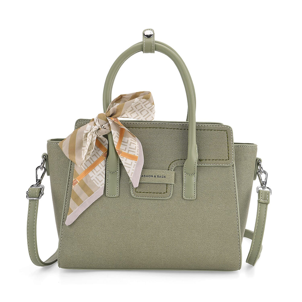 & Maisi Textured Crossbody Satchel Bag with Top Handle, Detachable Strap & Scarf - Green