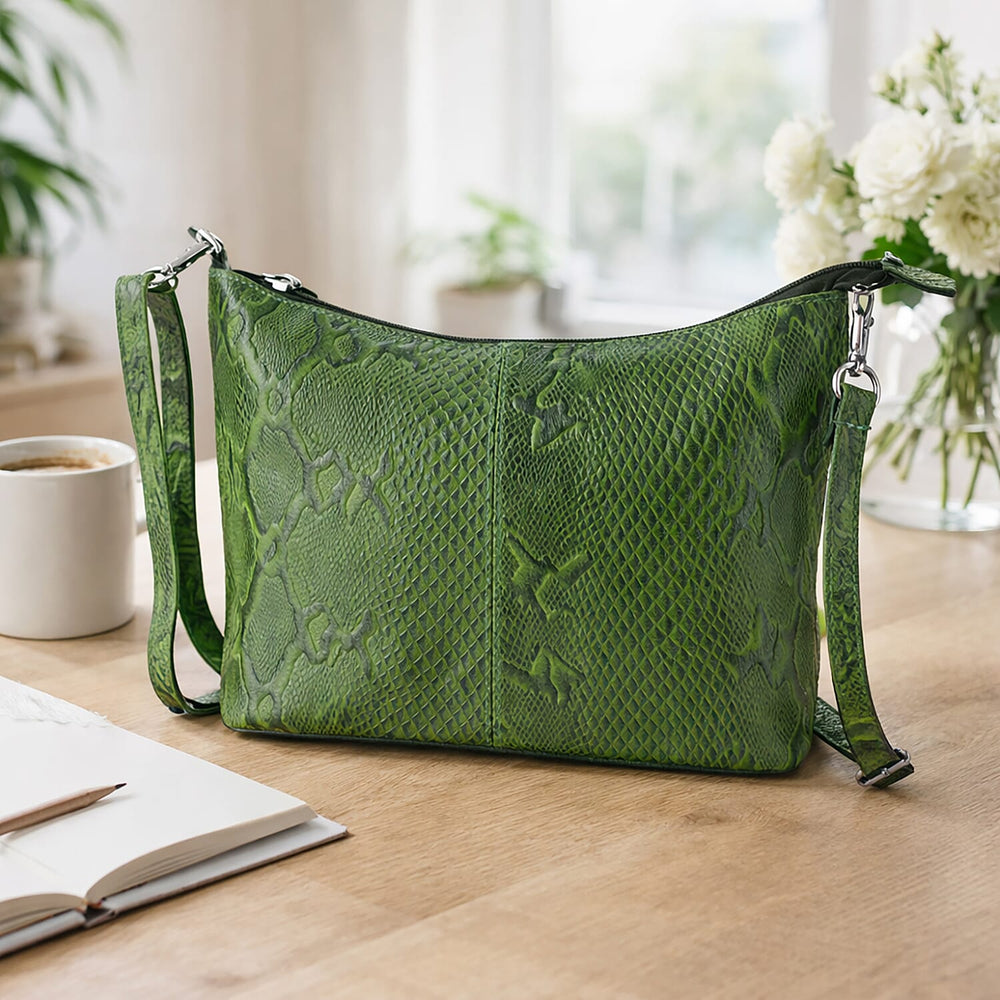 - Maisi 100% Genuine Leather Snakeskin Embossed Crossbody Bag - Green