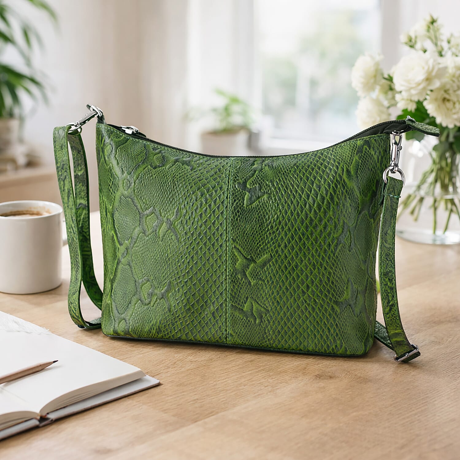 - Maisi 100% Genuine Leather Snakeskin Embossed Crossbody Bag - Green