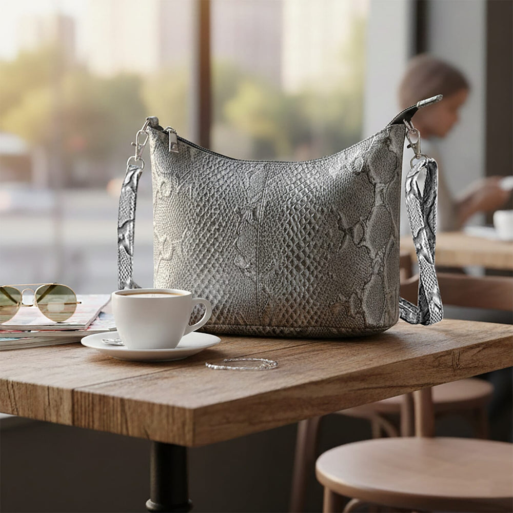 - Maisi 100% Genuine Leather Snakeskin Embossed Crossbody Bag - Grey
