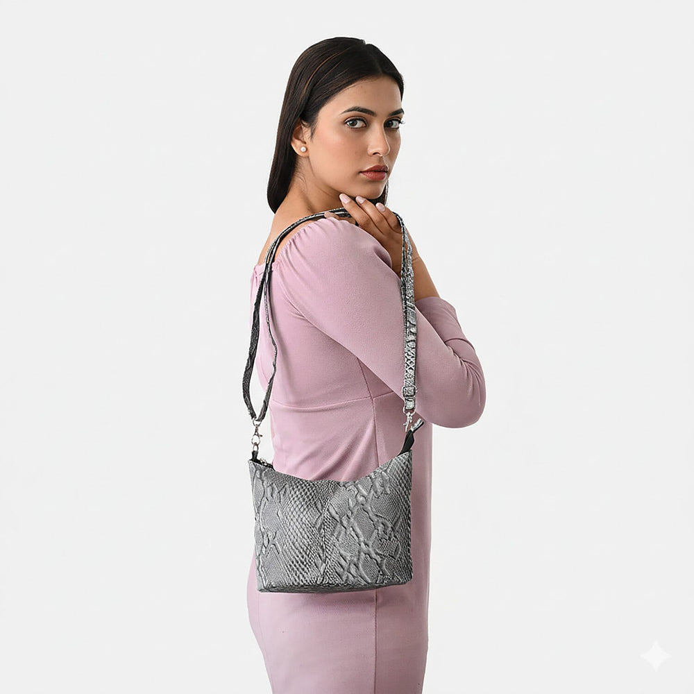 - Maisi 100% Genuine Leather Snakeskin Embossed Crossbody Bag - Grey