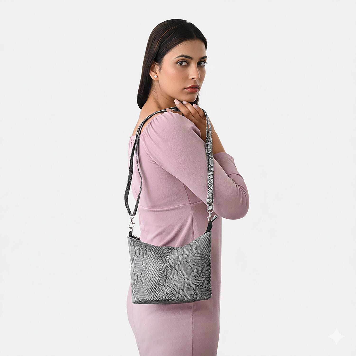 - Maisi 100% Genuine Leather Snakeskin Embossed Crossbody Bag - Grey
