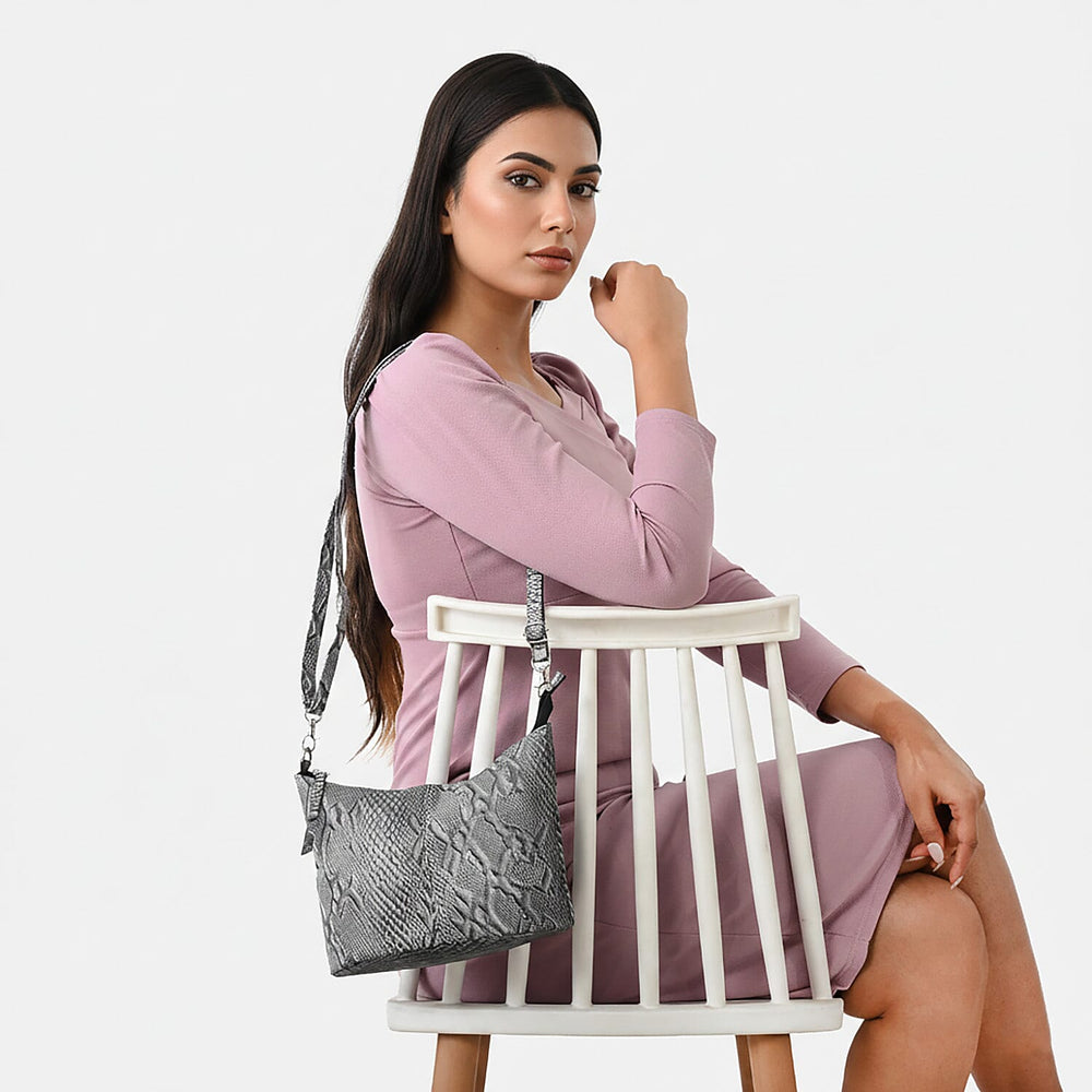 - Maisi 100% Genuine Leather Snakeskin Embossed Crossbody Bag - Grey
