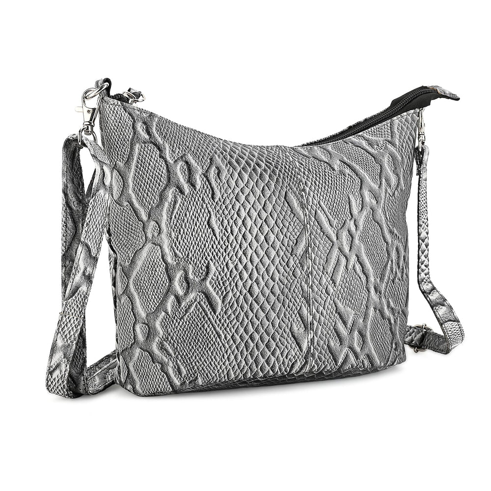 - Maisi 100% Genuine Leather Snakeskin Embossed Crossbody Bag - Grey